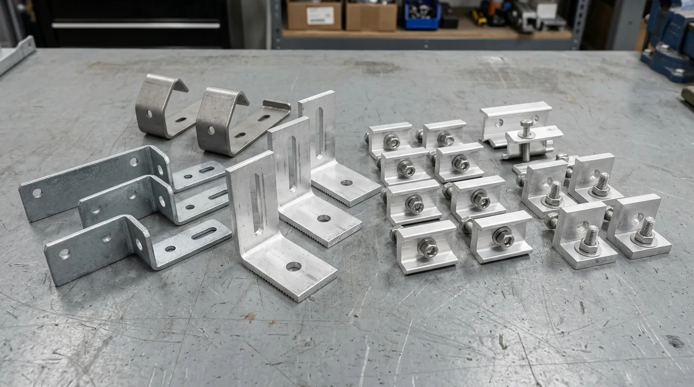 Stamped solar mounting brackets, L-feet, and mid-clamps produced at AMG Industries